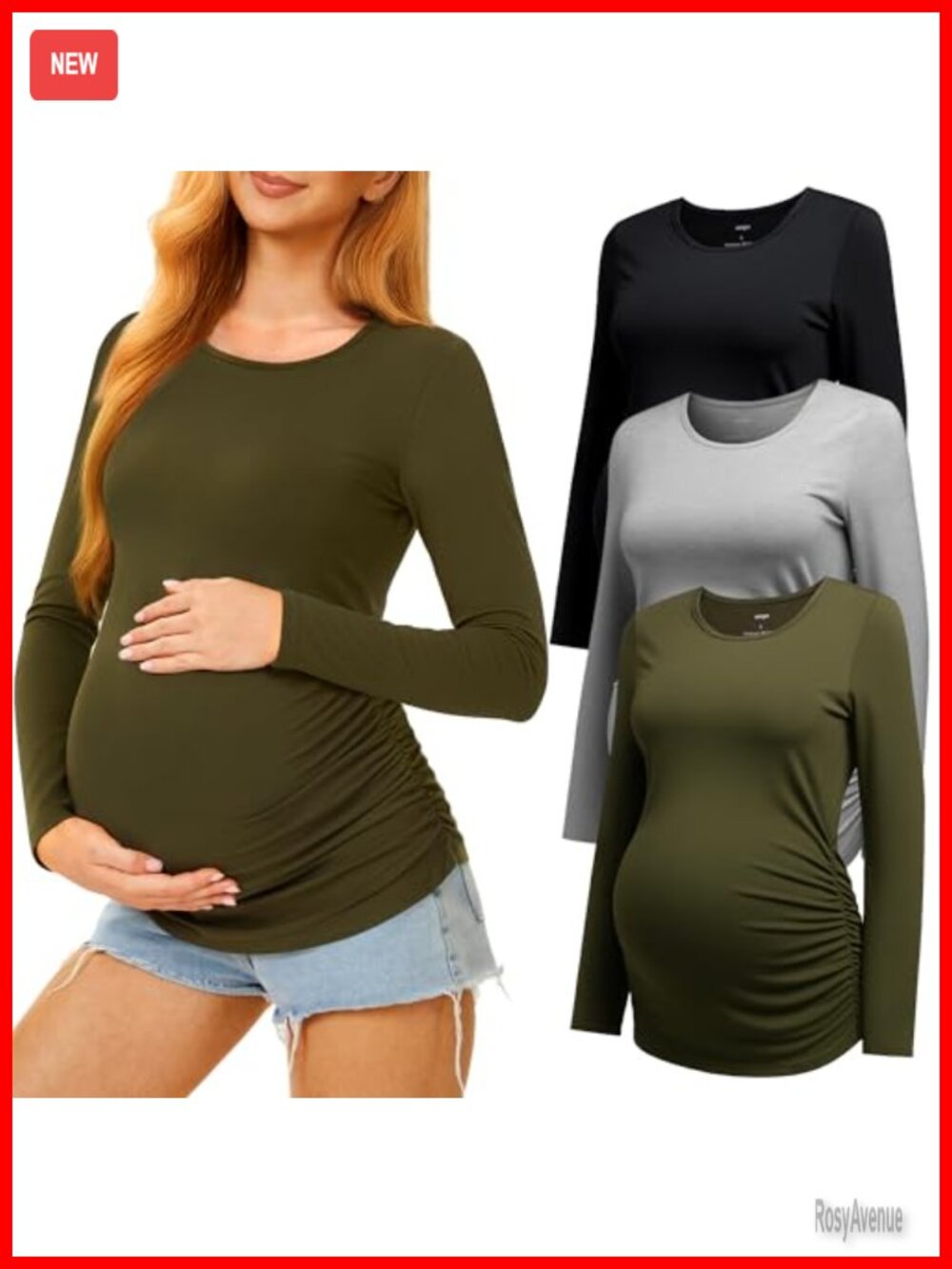Maternity Long Sleeve Crew Neck Ruched Pregnancy T-Shirt Top 3 Pack